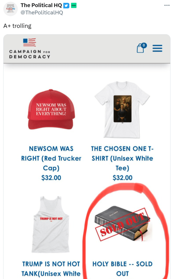 Tweet that reads, "A+ trolling" with a screenshot of the online shop, where the "sold out" bible has been circled in red.
