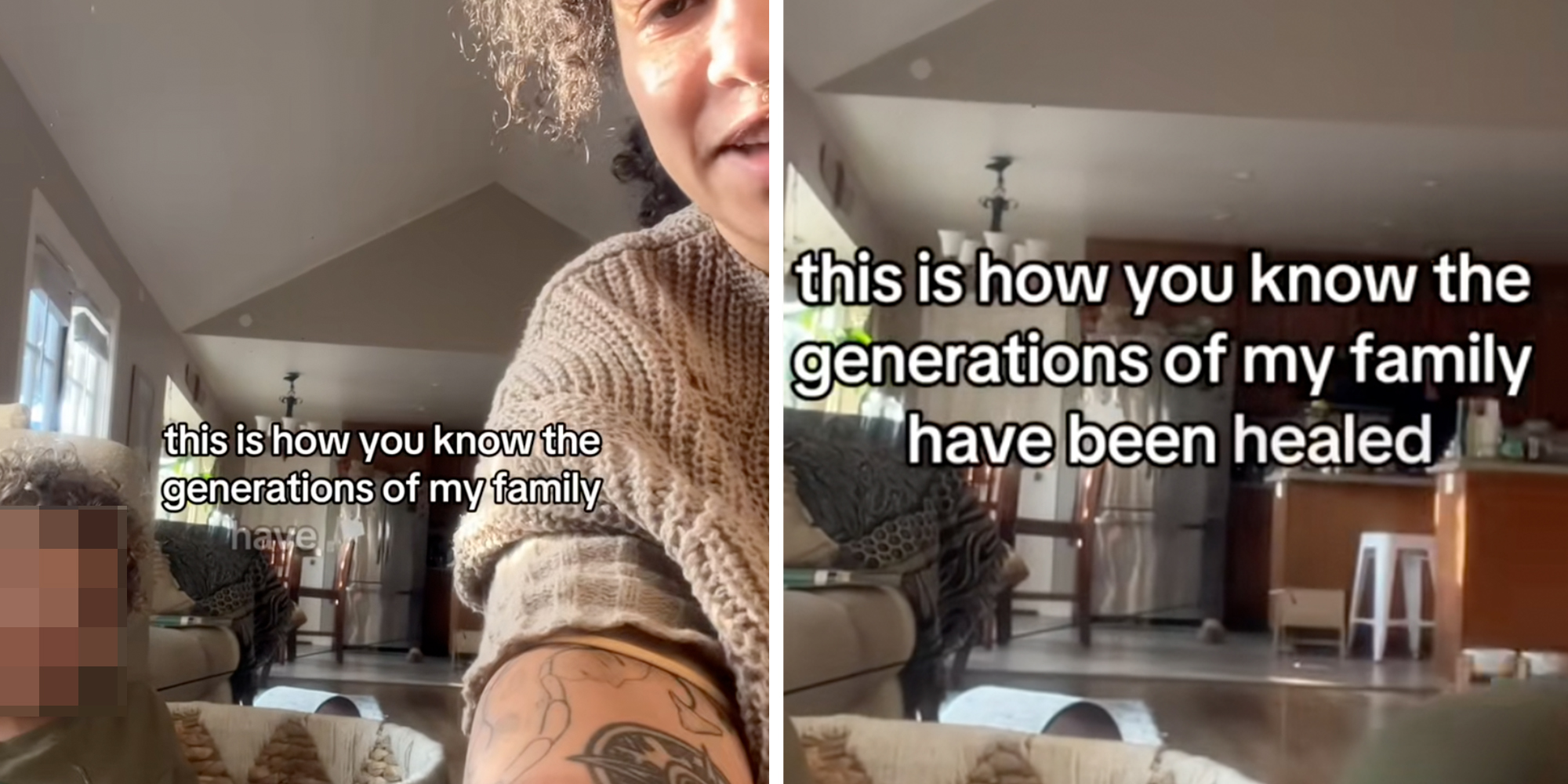 Mother looking into camera next to her child, caption overlay reads "this is how you know the generations of my family have been healed."