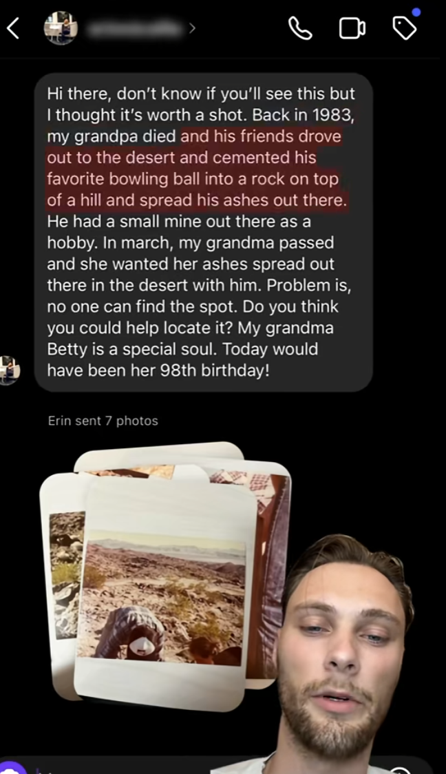 Screenshot of the fan's request to find her grandfather's ashes and bowling ball.