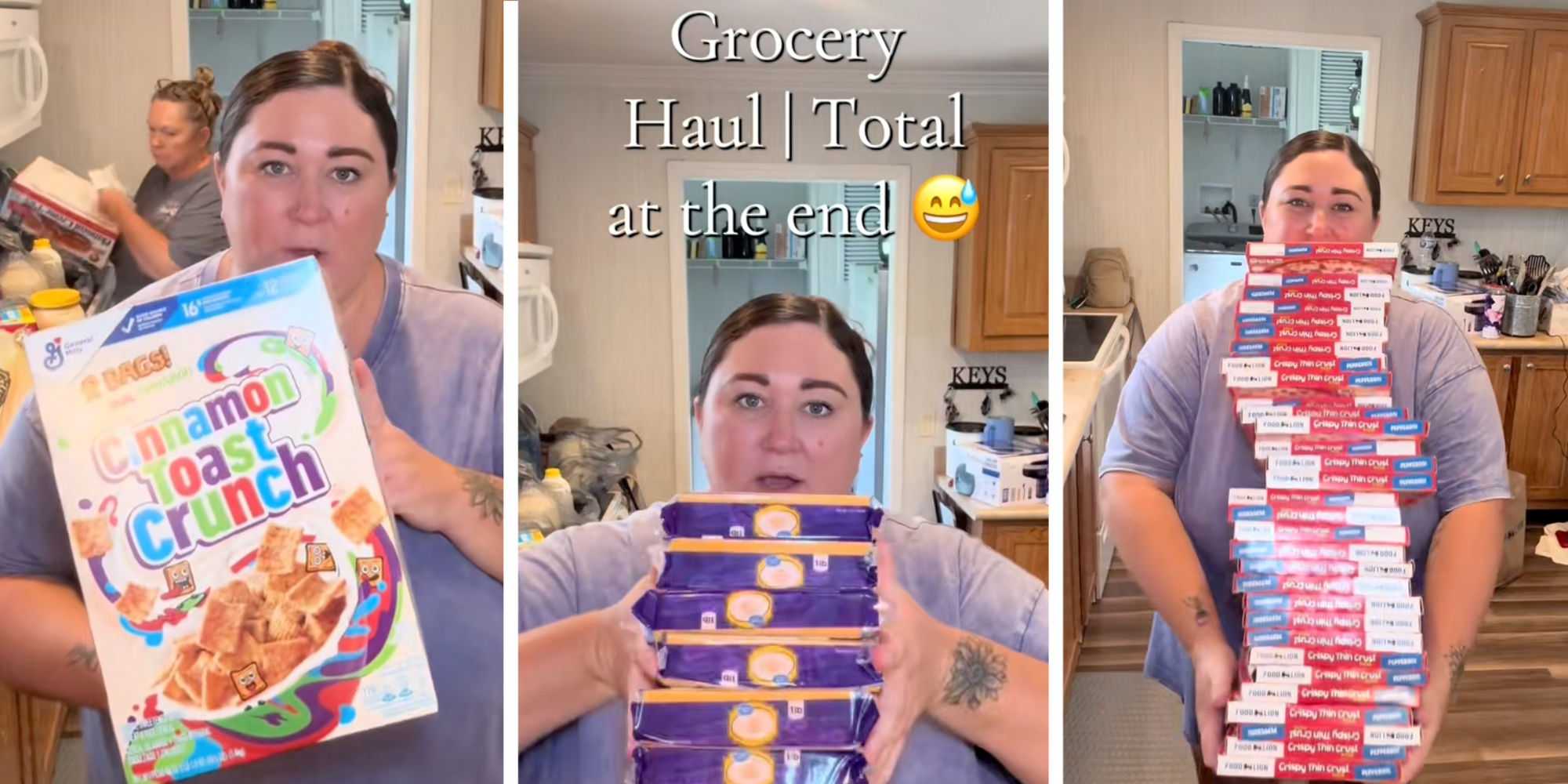 3 panel: Left: Mom holding a box of Cinnamon Toast Crunch cereal. Middle: Mom holding 5 blocks of cheese, caption overlay reads "Grocery haul/total at the end." Right: Mom holding 32 boxes of frozen pizza.