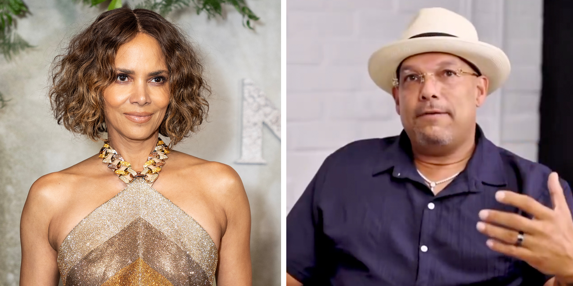 Left: Halle Berry wearing dress by Tamara Ralph attends premiere of Lionsgate 'Never Let Go' at Regal Times Square in New York on September 16, 2024. Right: Halle Berry’s ex-husband, former MLB player David Justice, in a fedora, giving an interview.