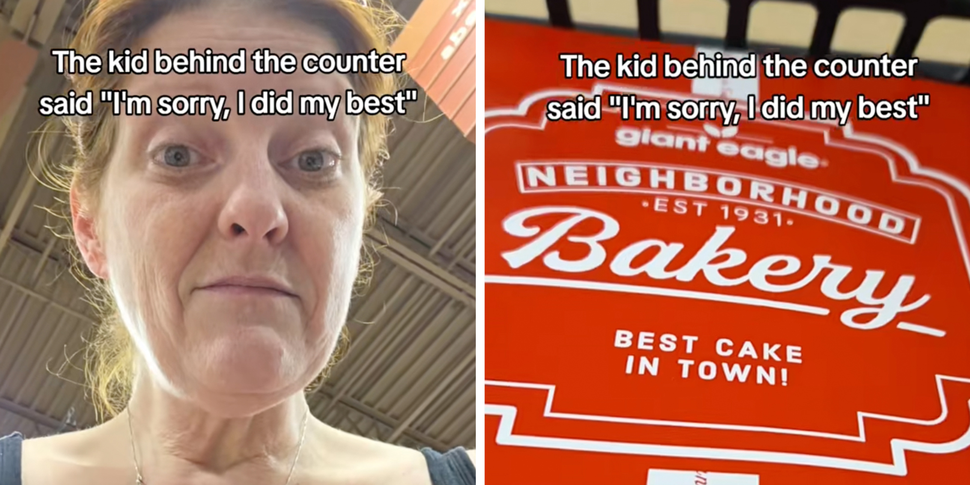 Left: Woman looking into camera, caption overlay reads "The kid behind the counter says 'I’m sorry, I did my best.'" Right: Red cake box.