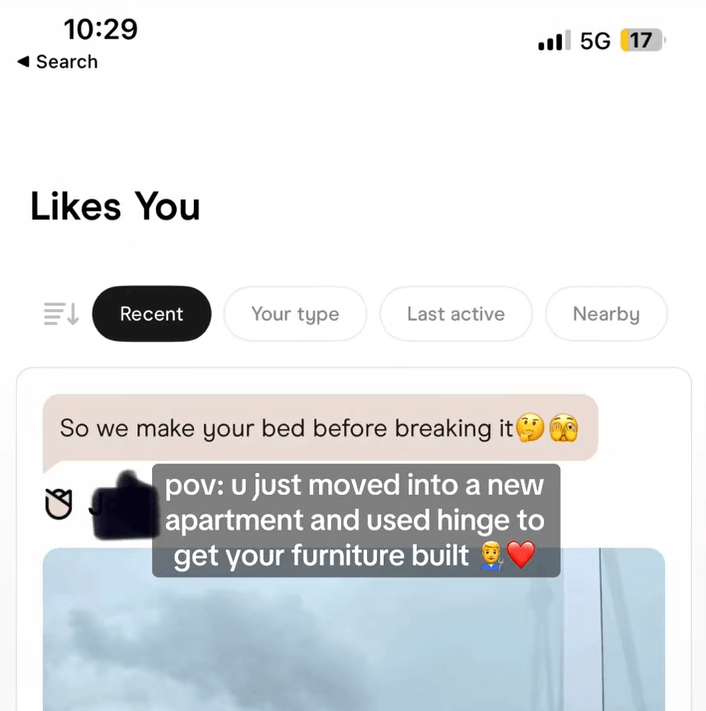 Response to a woman asking for help building furniture on Hinge.