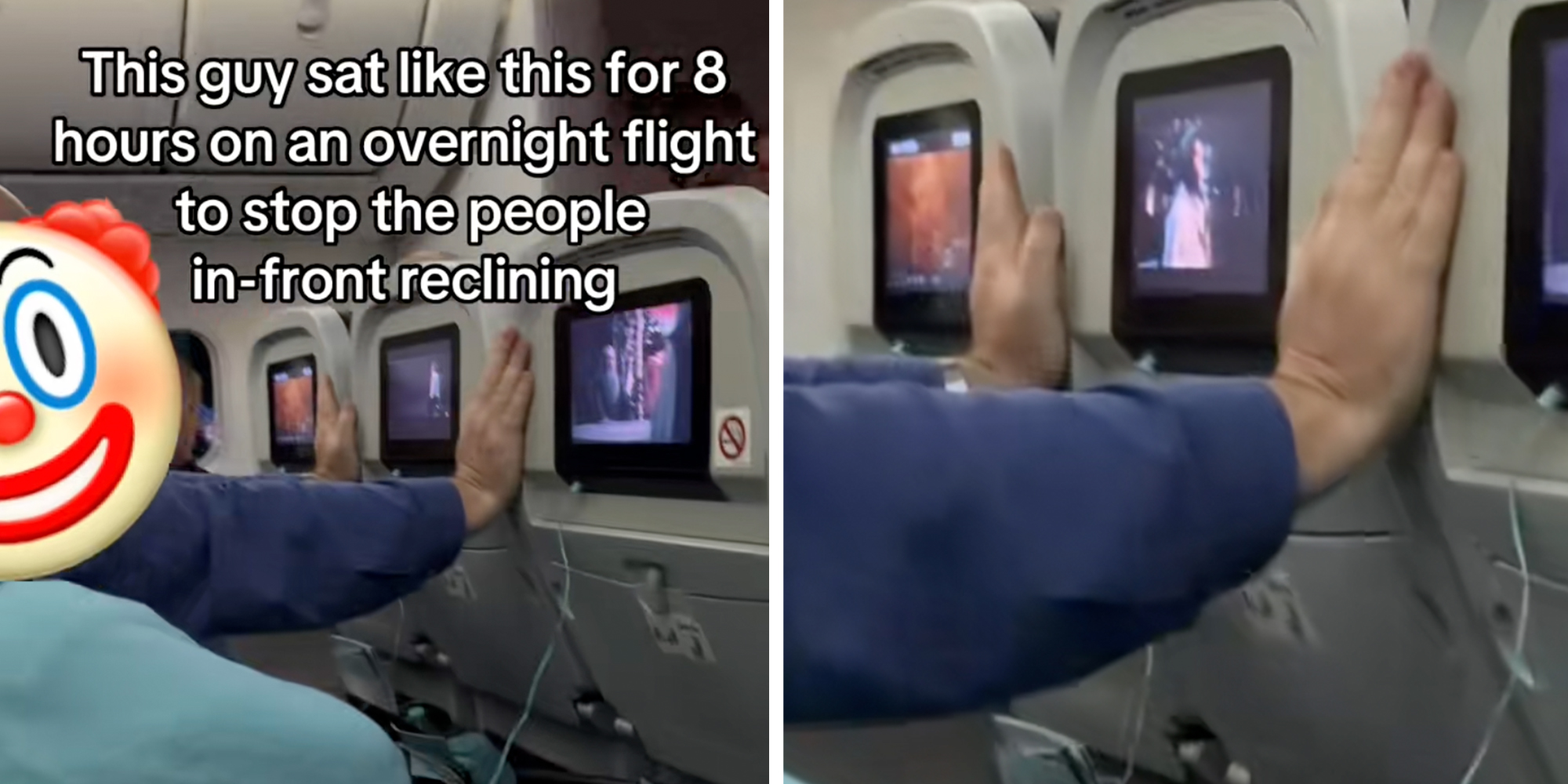 Man with clown emoji hiding his face holding the airplane seats in front of him with both hands to prevent them from reclining.