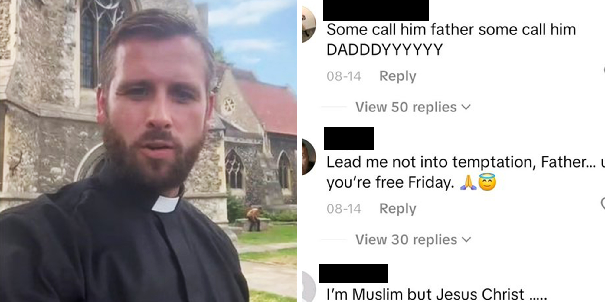 Left: St. Edward of the Confessor in Romford vicar Father Jordan speaking into the camera in front of the church. Right: Thirsty comments replying to the priest.