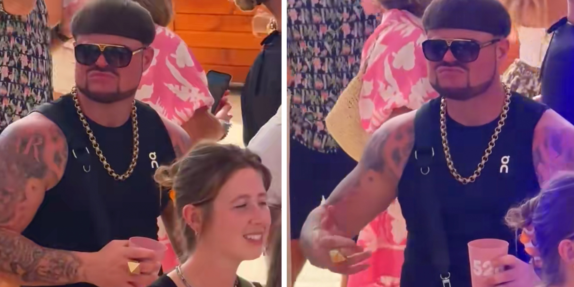 Ibiza final boss: tan man with a bowl cut wearing sunglasses, a blank tank top, and a gold chain, dancing