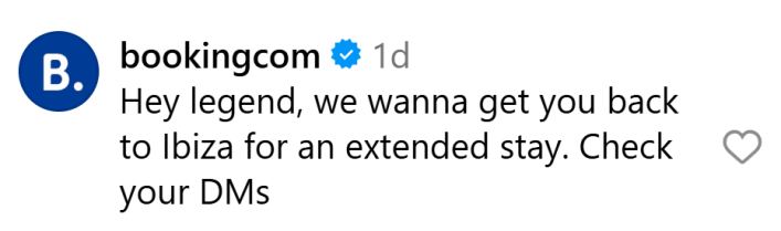 Booking.com's comment on Jack's Instagram account.