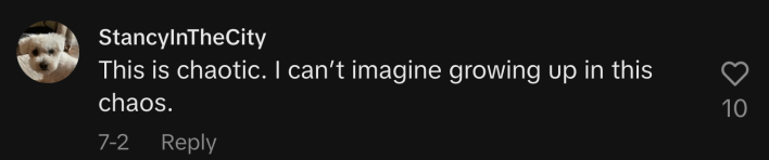 “This is chaotic. I can’t imagine growing up in this chaos.”