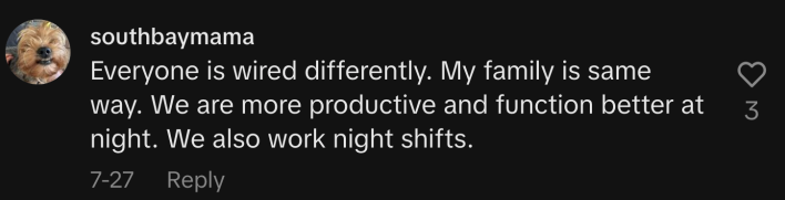 “Everyone is wired differently. My family is the same way. We are more productive and function better at night. We also work night shifts.”