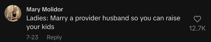 “Ladies: Marry a provider husband so you can raise your kids.”