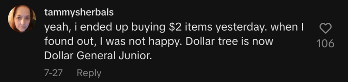 “Yeah, I ended up buying $2 items yesterday. When I found out, I was not happy. Dollar tree is now Dollar General Junior.”