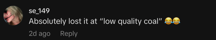 “Absolutely lost it at 'low quality coal' 😂😂.”