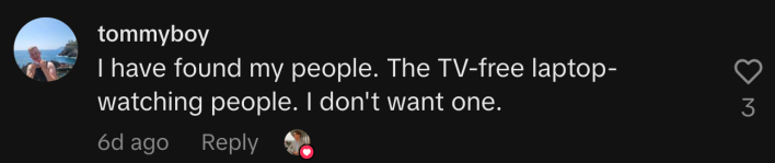 “I have found my people. The TV-free laptop-watching people. I don't want one.”