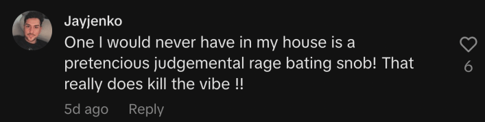 “One I would never have in my house is a pretentious judgemental rage baiting snob! That really does kill the vibe !!”