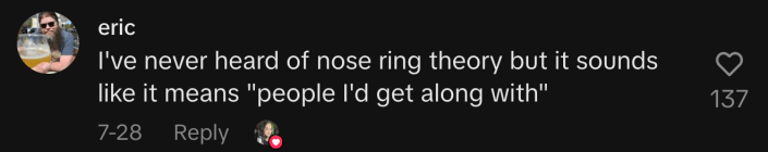 “I've never heard of nose ring theory but it sounds like it means ‘people I'd get along with.’”