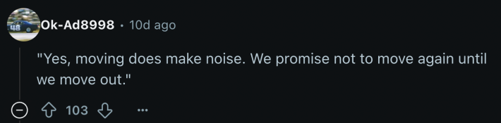 "‘Yes, moving does make noise. We promise not to move again until we move out.’"