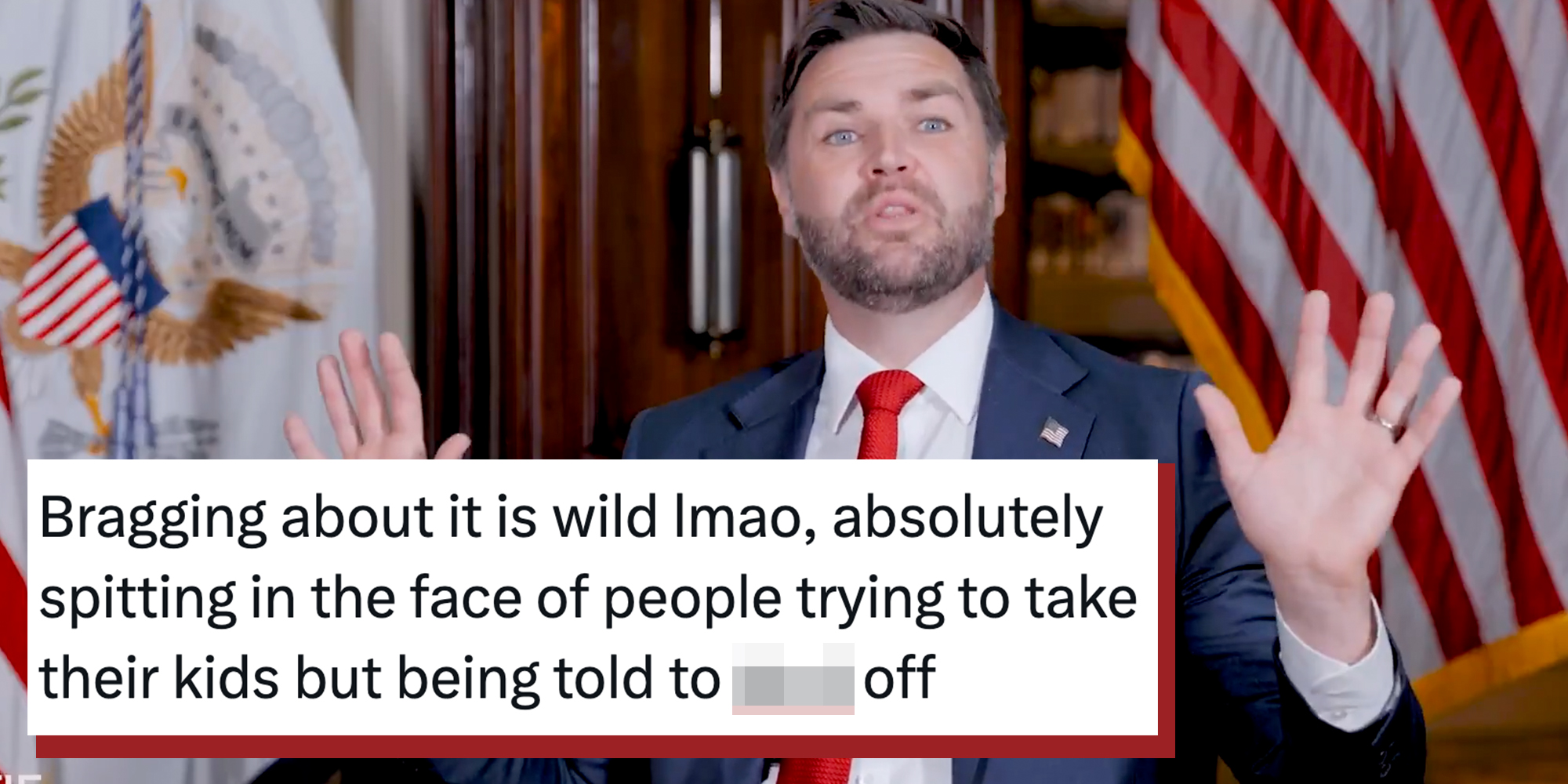 JD Vance sitting in front of an American flag with his arms in the air. Caption overlay reads, "Bragging about it is wild lmao, absolutely spitting in the face of people trying to take their kids but being told to f off."