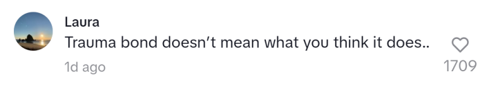 TikTok comment that reads, "Trauma bond doesn’t mean what you think it does.."