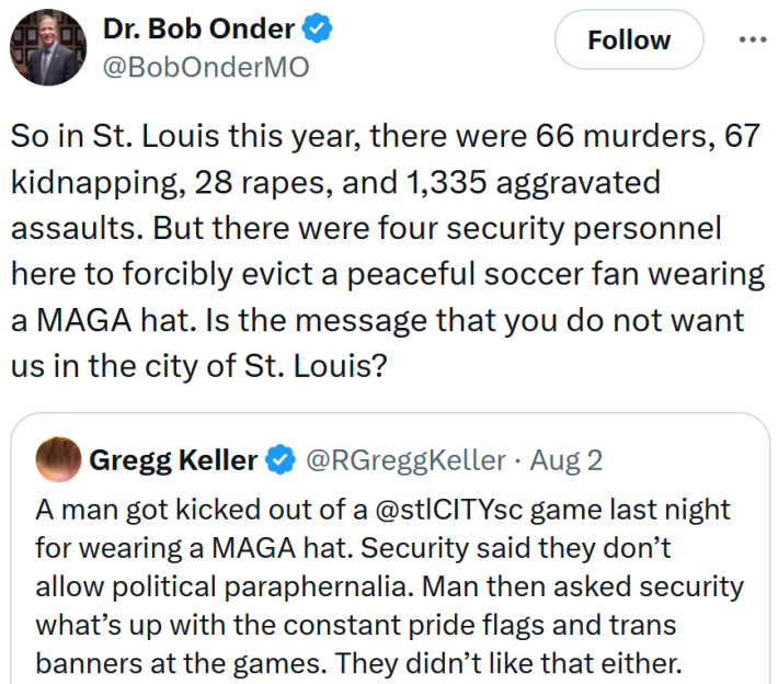Tweet reading "So in St. Louis this year, there were 66 murders, 67 kidnapping, 28 rapes, and 1,335 aggravated assaults. But there were four security personnel here to forcibly evict a peaceful soccer fan wearing a MAGA hat. Is the message that you do not want us in the city of St. Louis?"