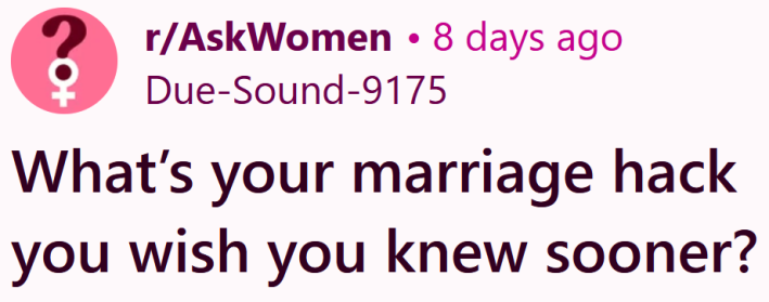 Reddit headline reading "What’s your marriage hack you wish you knew sooner?"