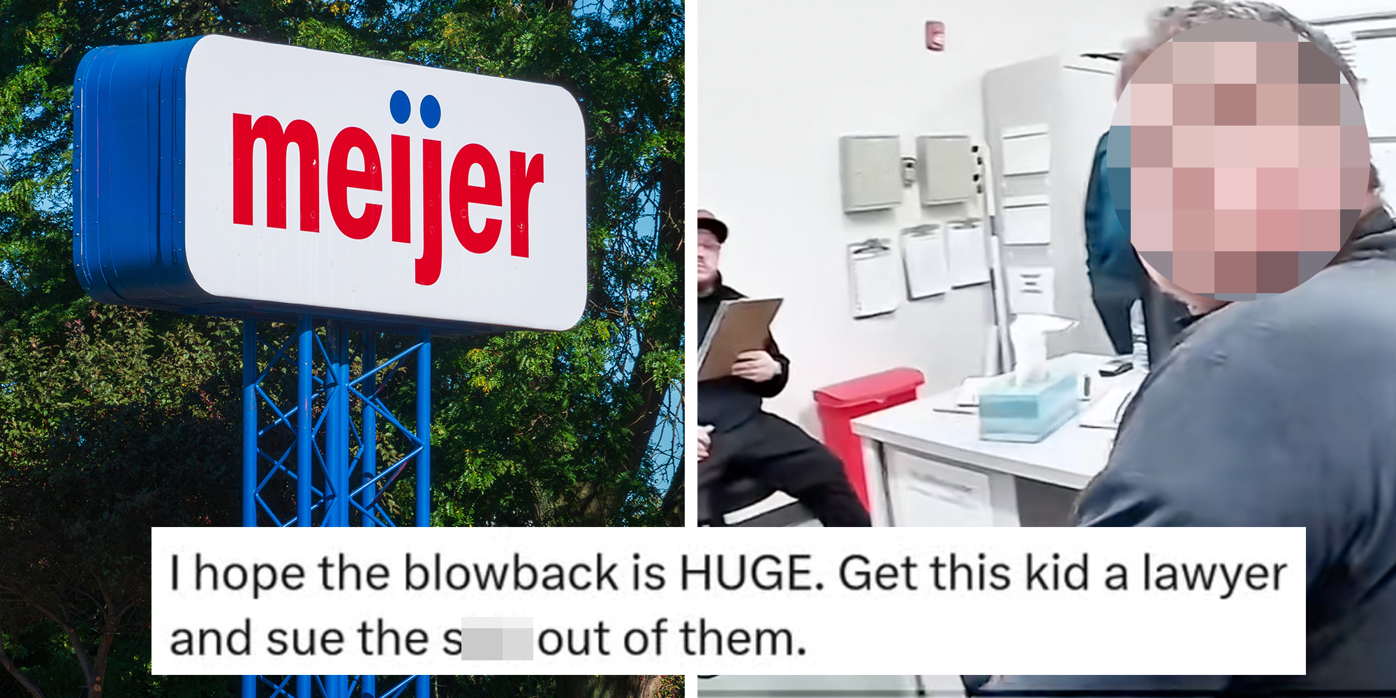 2 panel image: Left: Meijer Branding on Elevated Signpost with Copy-Space. Right: Screencap of police bodycam footage teenager in Meijer. Caption overlay reads "I hope the blowback is HUGE. Get this kid a lawyer."