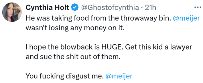 Tweet reading "He was taking food from the throwaway bin. @meijer wasn't losing any money on it. I hope the blowback is HUGE. Get this kid a lawyer and sue the shit out of them. You fucking disgust me. @meijer"