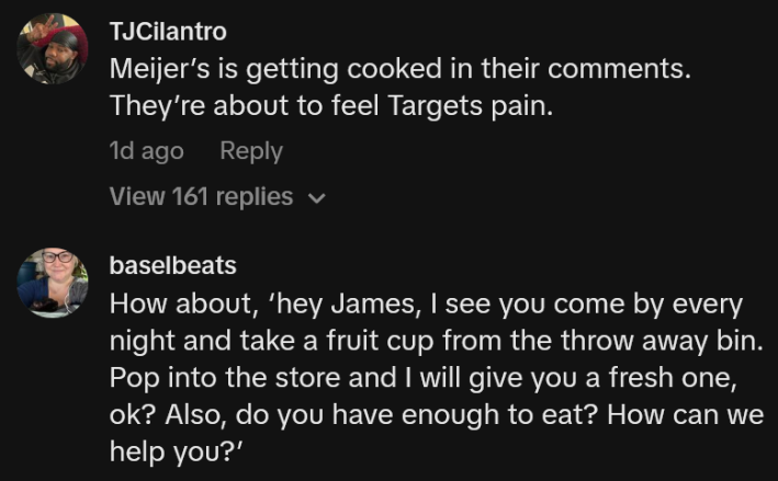 TikTok comments including on reading "Meijer’s is getting cooked in their comments. They’re about to feel Targets pain."
