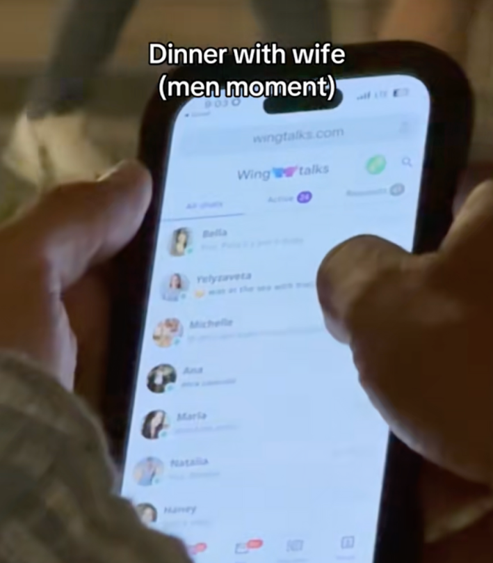 The married man in the clip is seen messaging a woman on the chat platform Wingtalks during dinner with his wife. “I love you my beautiful. I love you with all my heart,” he wrote.