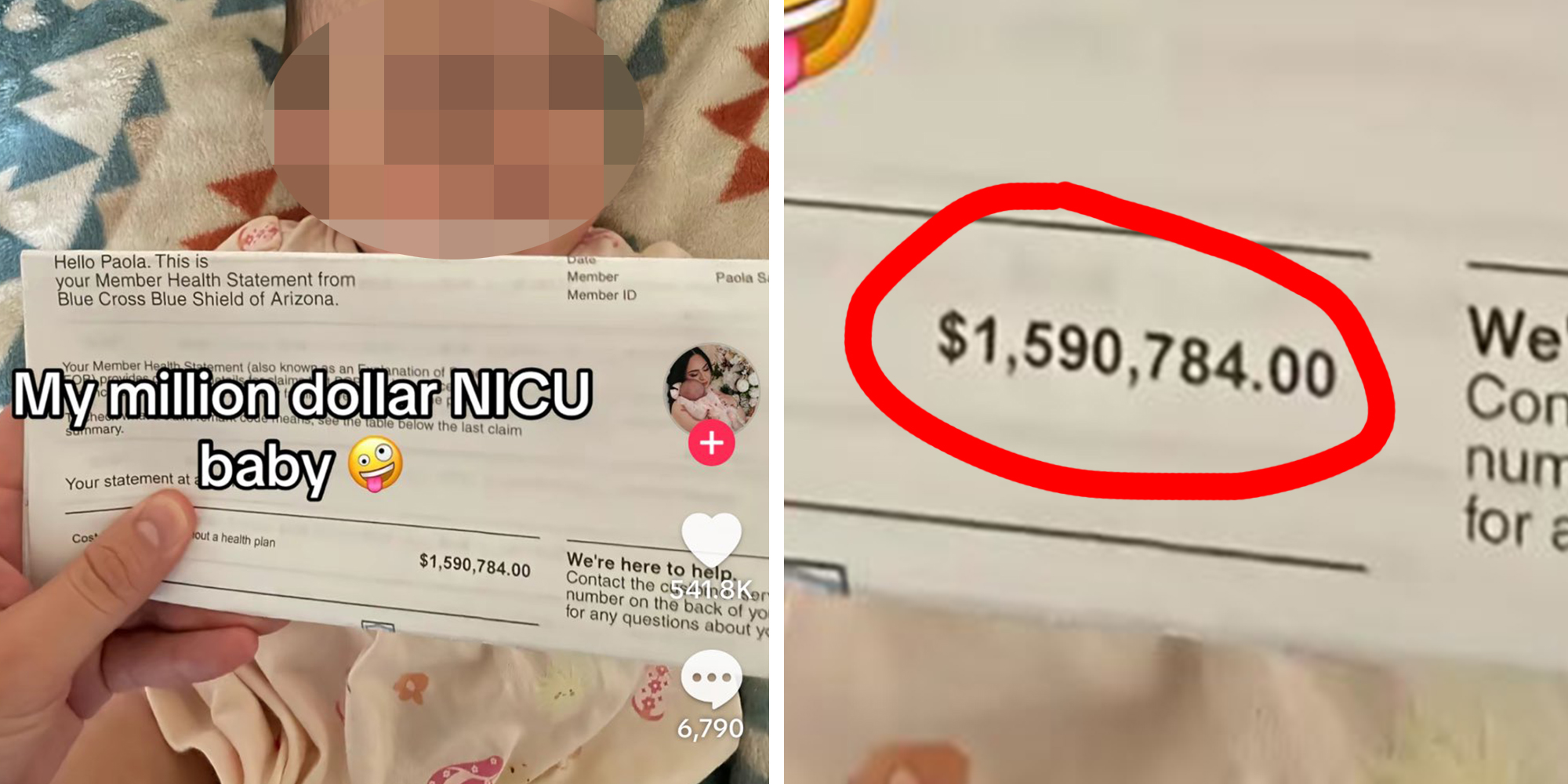 Newborn baby, her mother holding a Blue Cross Blue Shield bill above her with $1.5 million NICU bill