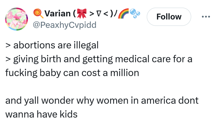 Tweet that reads, "> abortions are illegal> giving birth and getting medical care for a f*cking baby can cost a millionand yall wonder why women in america dont wanna have kids"