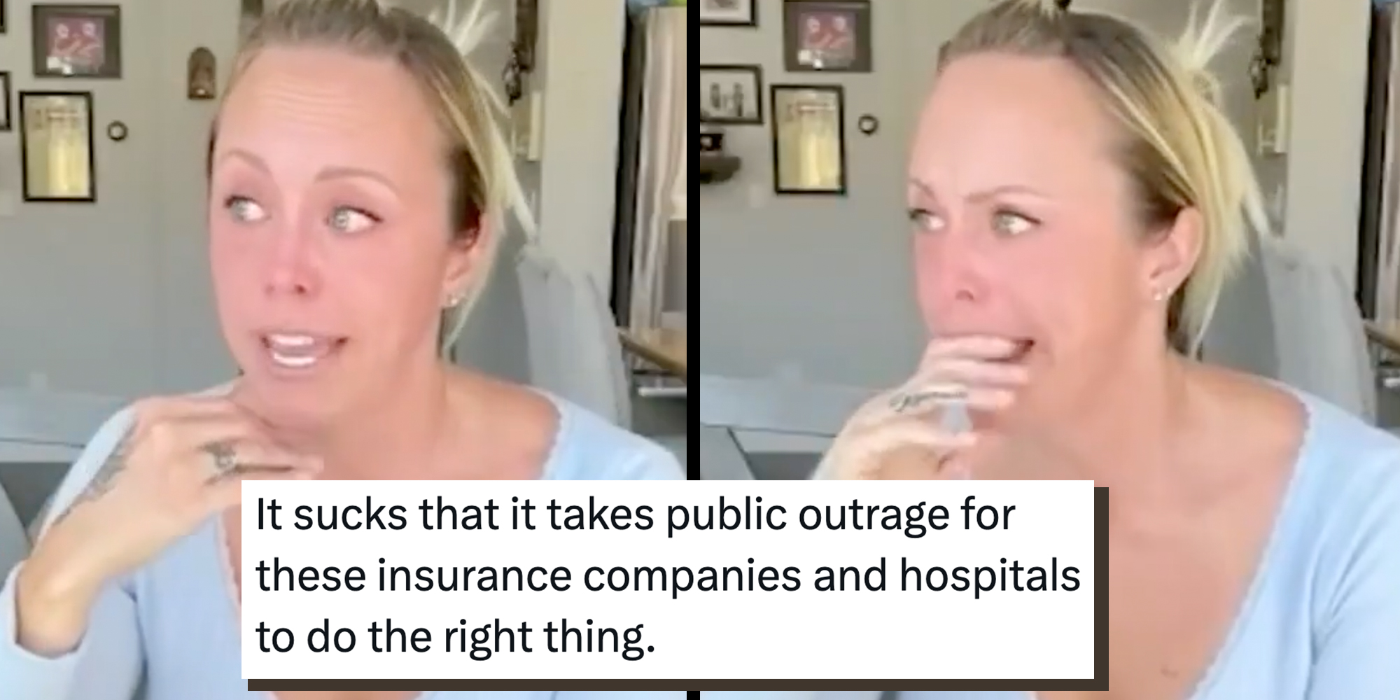 California mom Jessica Farwell crying as she recalls taking her baby to the hospital. Caption overlay reads, "It sucks that it takes public outrage for these insurance companies and hospitals to do the right thing."