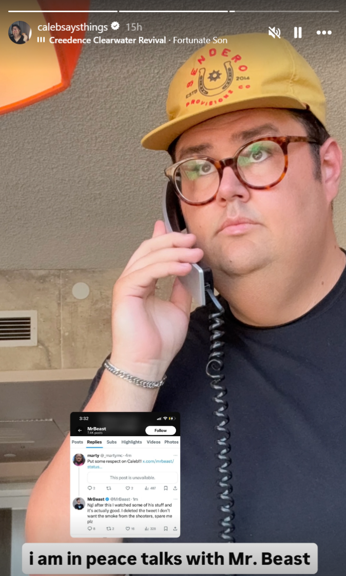 Instagram Story with comedian Hearon in a yellow cap on a wired phone. A screenshot of a tweet from MrBeast is on the screen with text overlay that says, "I am in peace talks with Mr. Beast."