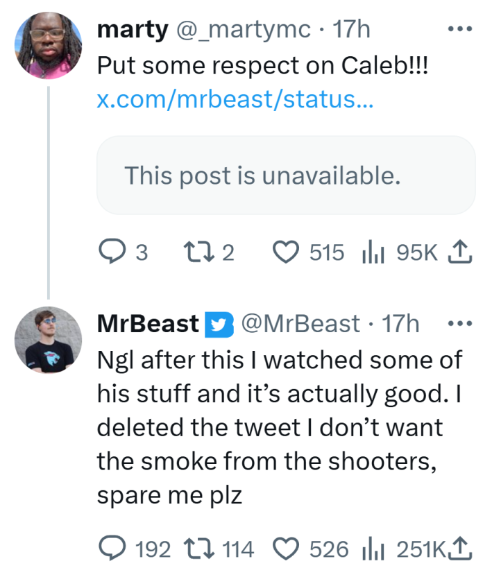 Tweet that reads, "Ngl after this I watched some of his stuff and it’s actually good. I deleted the tweet I don’t want the smoke from the shooters, spare me plz."