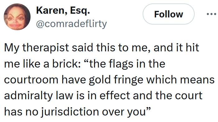 Tweet reading "My therapist said this to me, and it hit me like a brick: “the flags in the courtroom have gold fringe which means admiralty law is in effect and the court has no jurisdiction over you”"