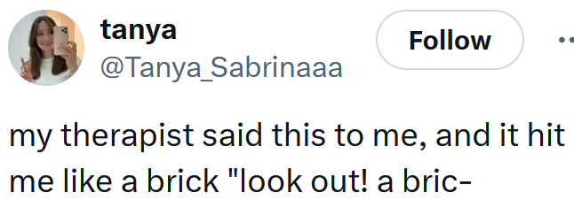 Tweet reading "my therapist said this to me, and it hit me like a brick "look out! a bric-"