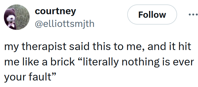 my therapist said this to me, and it hit me like a brick “literally nothing is ever your fault""