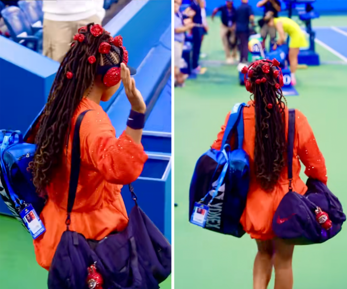 naomi osaka on the tennis court with a red labubu and red roses in hair
