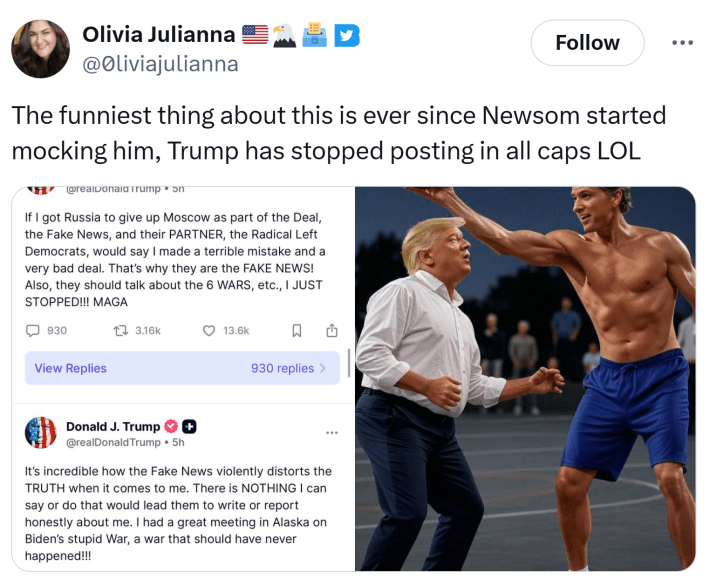 Tweet that reads, "The funniest thing about this is ever since Newsom started mocking him, Trump has stopped posting in all caps LOL" with screenshots of Trump's non-caps posts and an edited image of Trump attempting to play basketball against a buff shirtless Newsom.