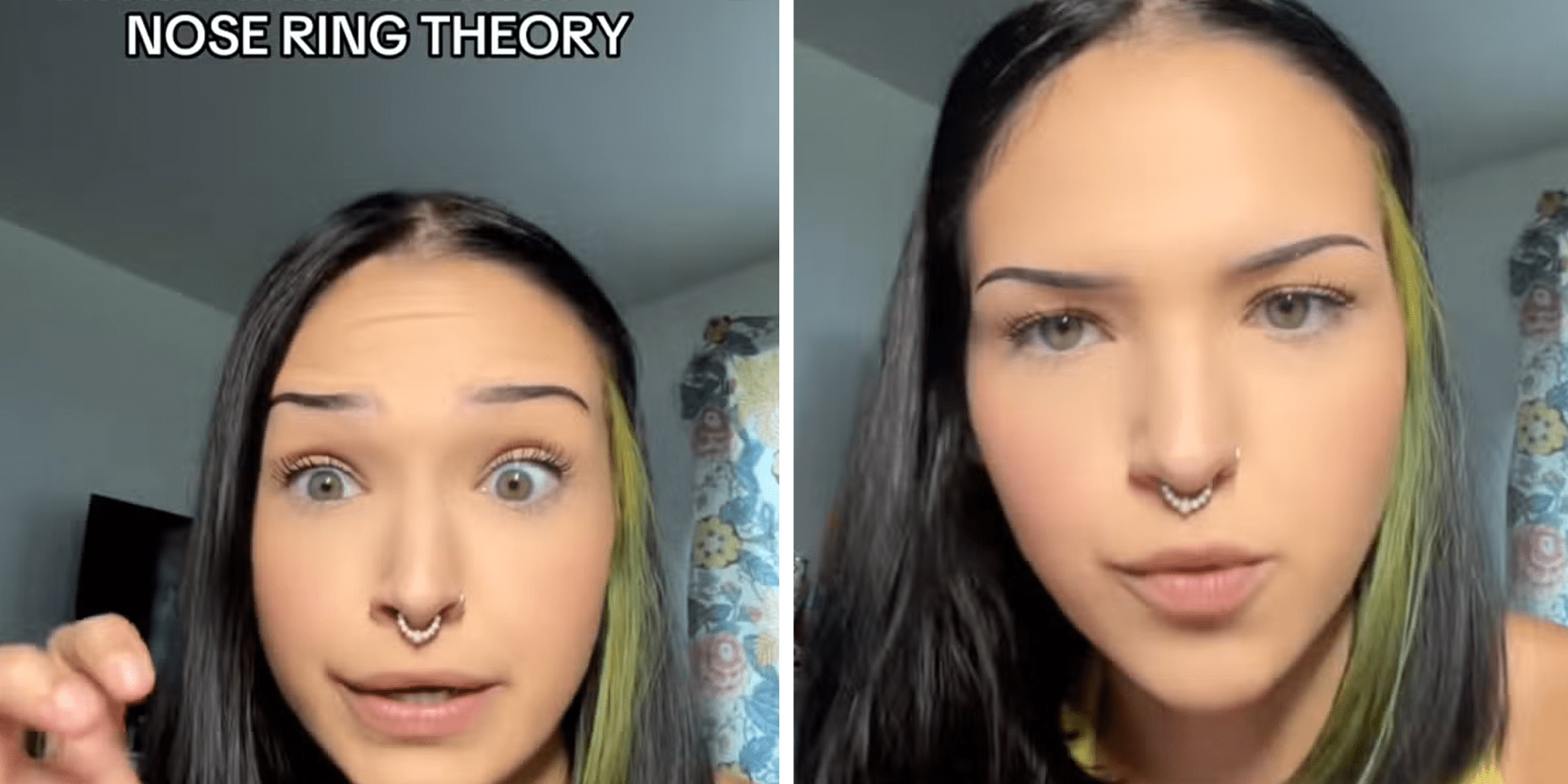 Two panel image: Woman with a septum piercing doing air quotes, caption overlay reads "Nose ring theory."