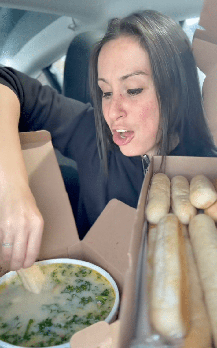 @hellthyjunkfood/TikTok, eating olive garden soup bucket in the car