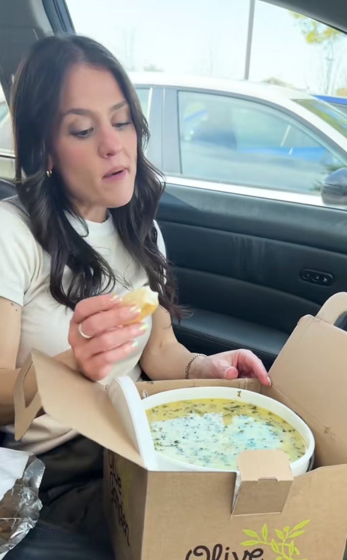 @allrecipes/TikTok, eating olive garden soup bucket in the car