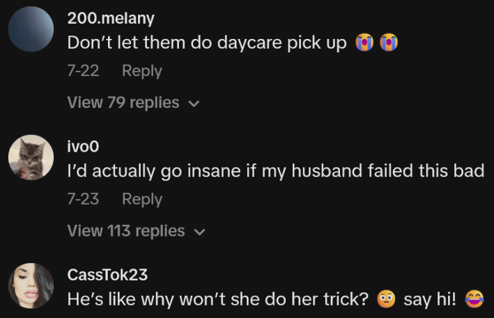 TikTok comments including one reading "Don’t let them do daycare pick up"