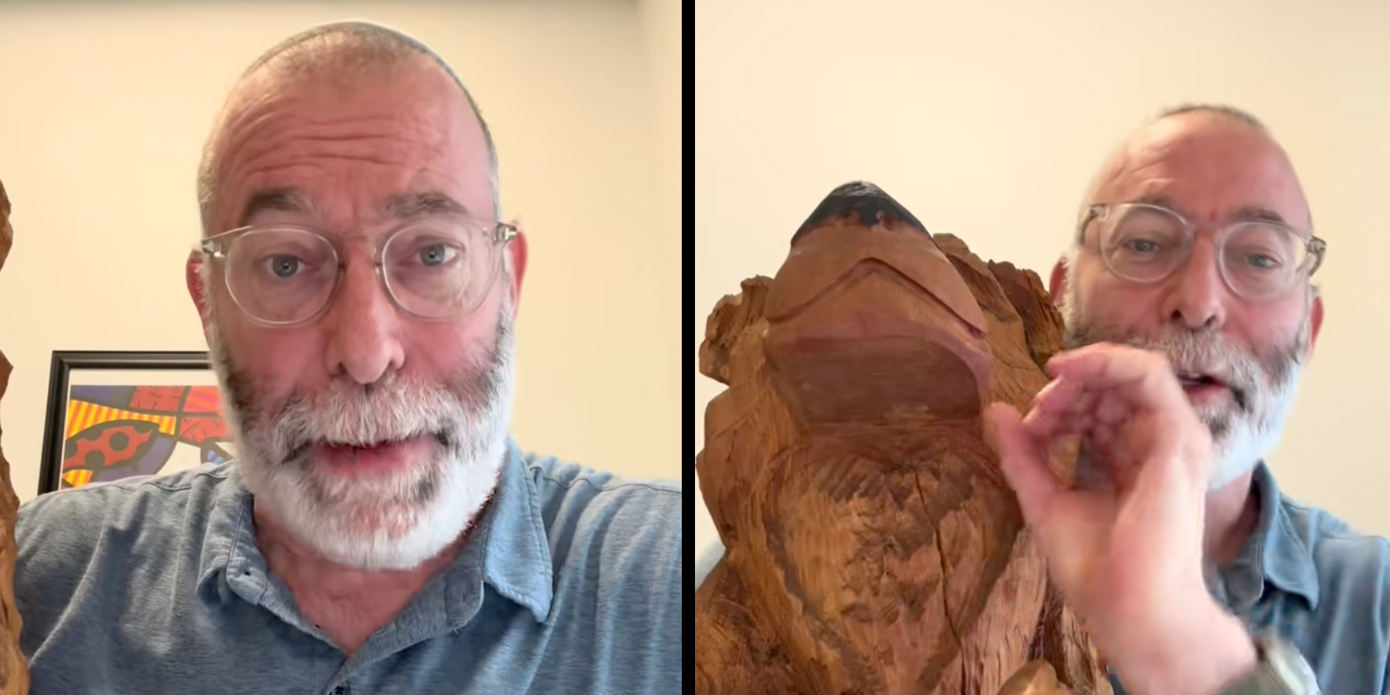 Pediatrician talking into the camera holding a wooden bear