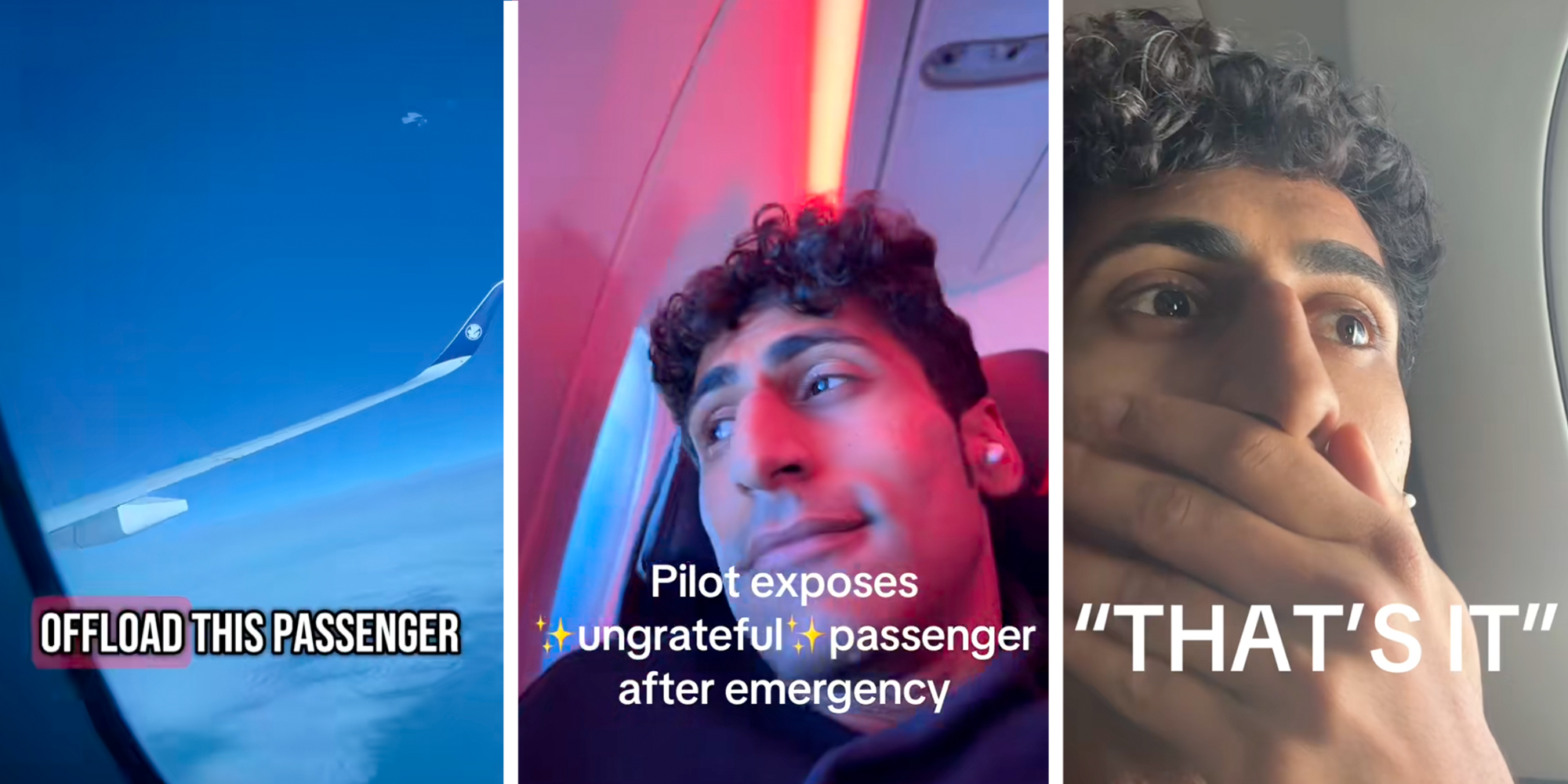 Left: Airplane wing Middle: Man looking out an airplane window under caption reading: "Pilot exposes ungrateful passenger after emergency" Right: Same man looking shocked
