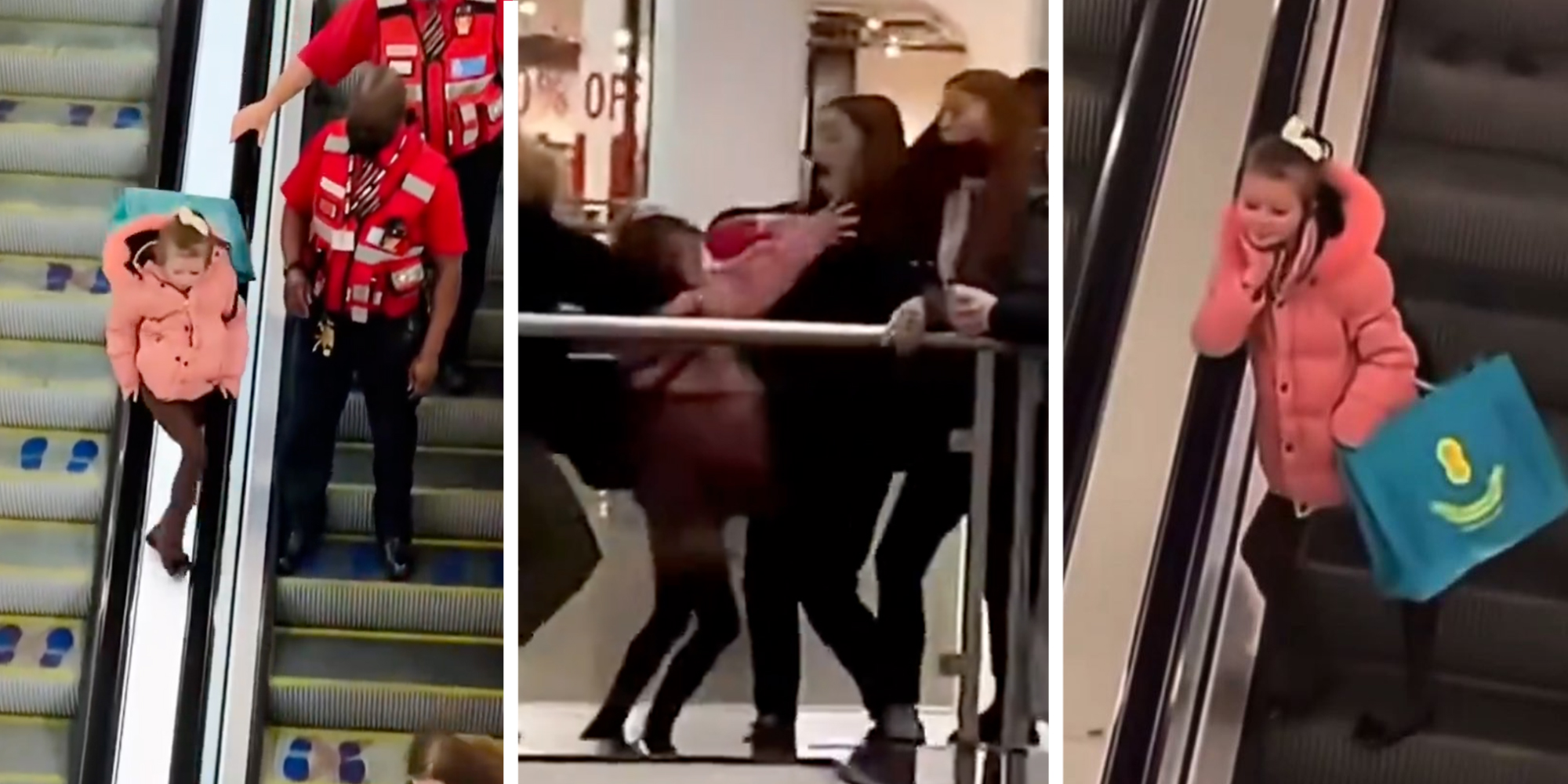 3 panel: Girl in a pink jacket riding down the escalator