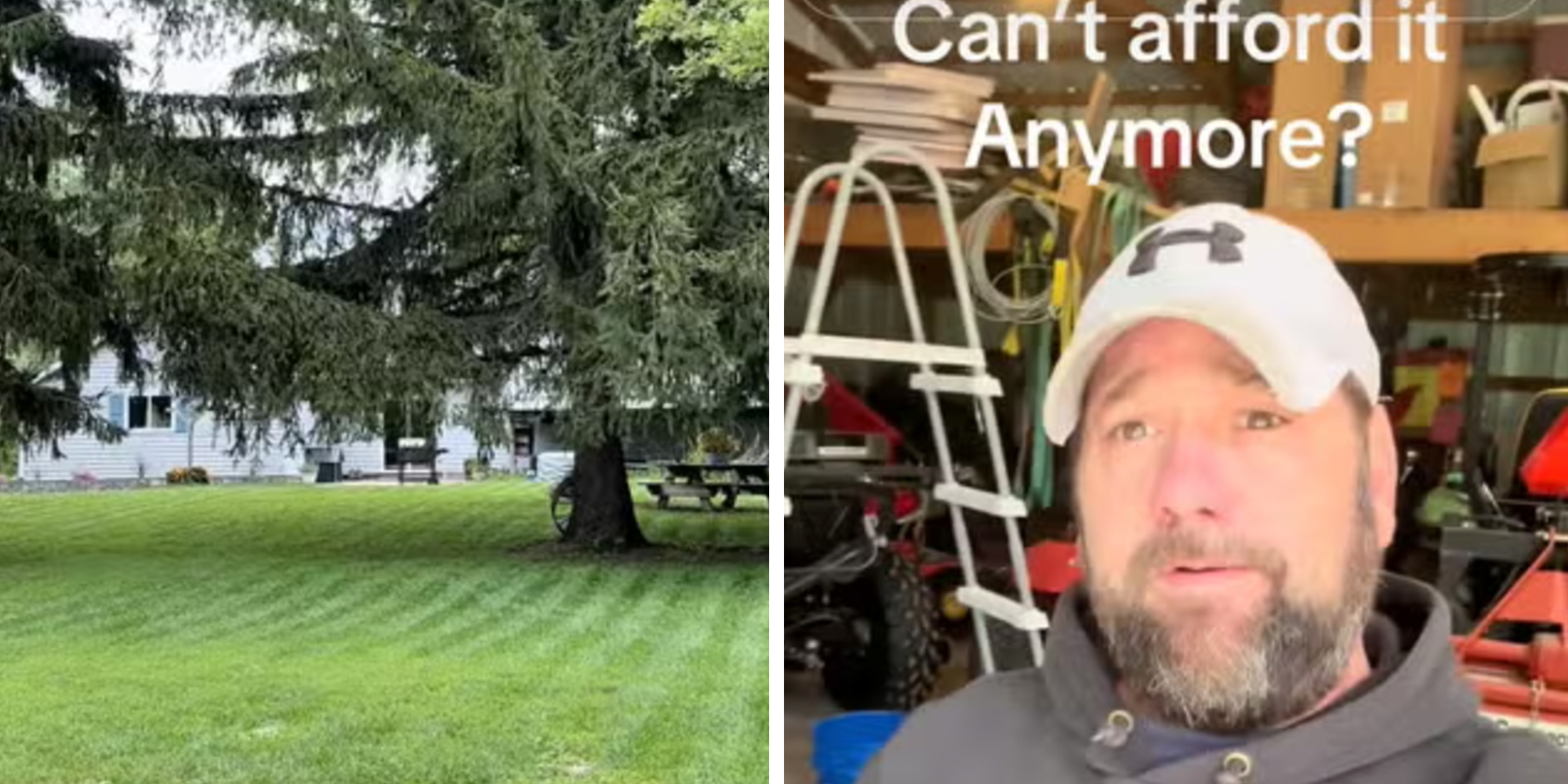 Left: White house seen between large trees on a green lawn. Right: Man in his garage in a white cap, caption overlay reads, "Can't afford it anymore?"