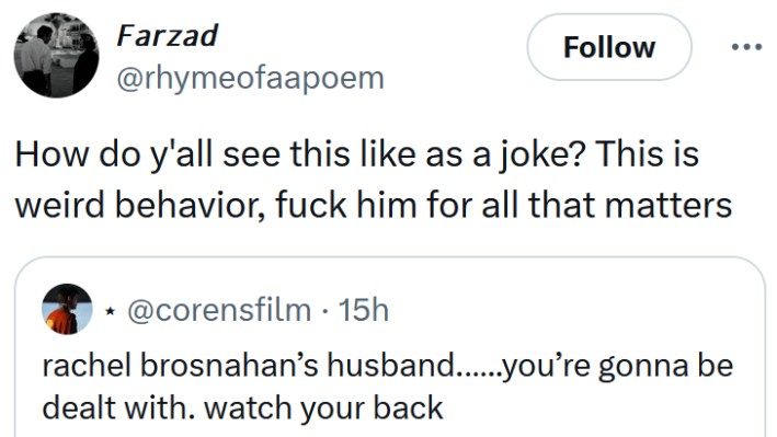 Tweet reading "How do y'all see this like as a joke? This is weird behavior, fuck him for all that matters"