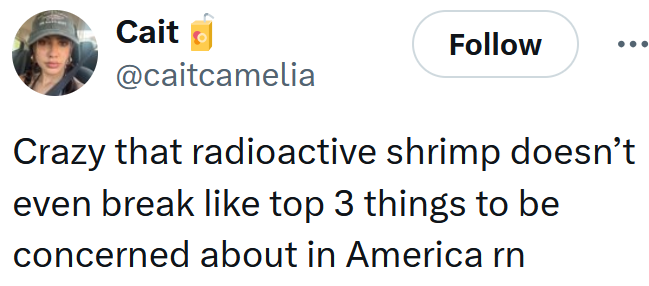 Tweet reading "Crazy that radioactive shrimp doesn’t even break like top 3 things to be concerned about in America rn"