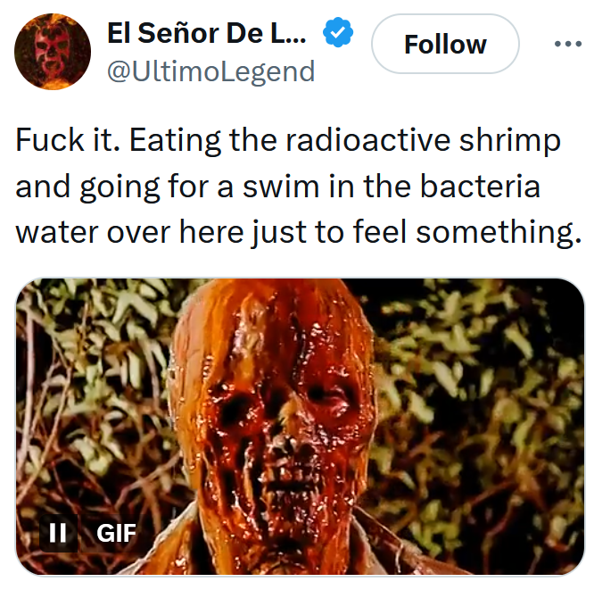 Radioactive shrimp meme with a gif of a man's face melting off.
