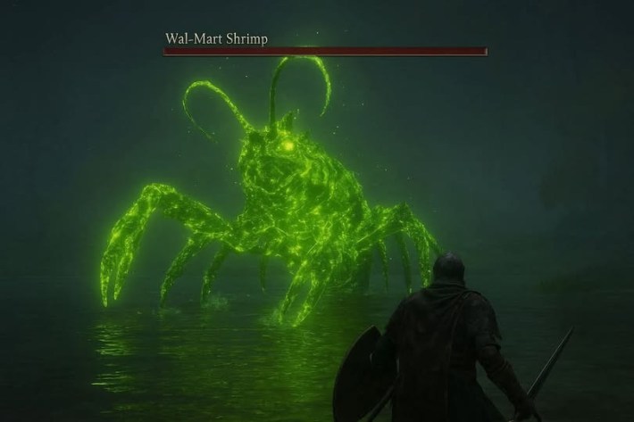 Radioactive shrimp meme with a giant lobster from Dark Souls.